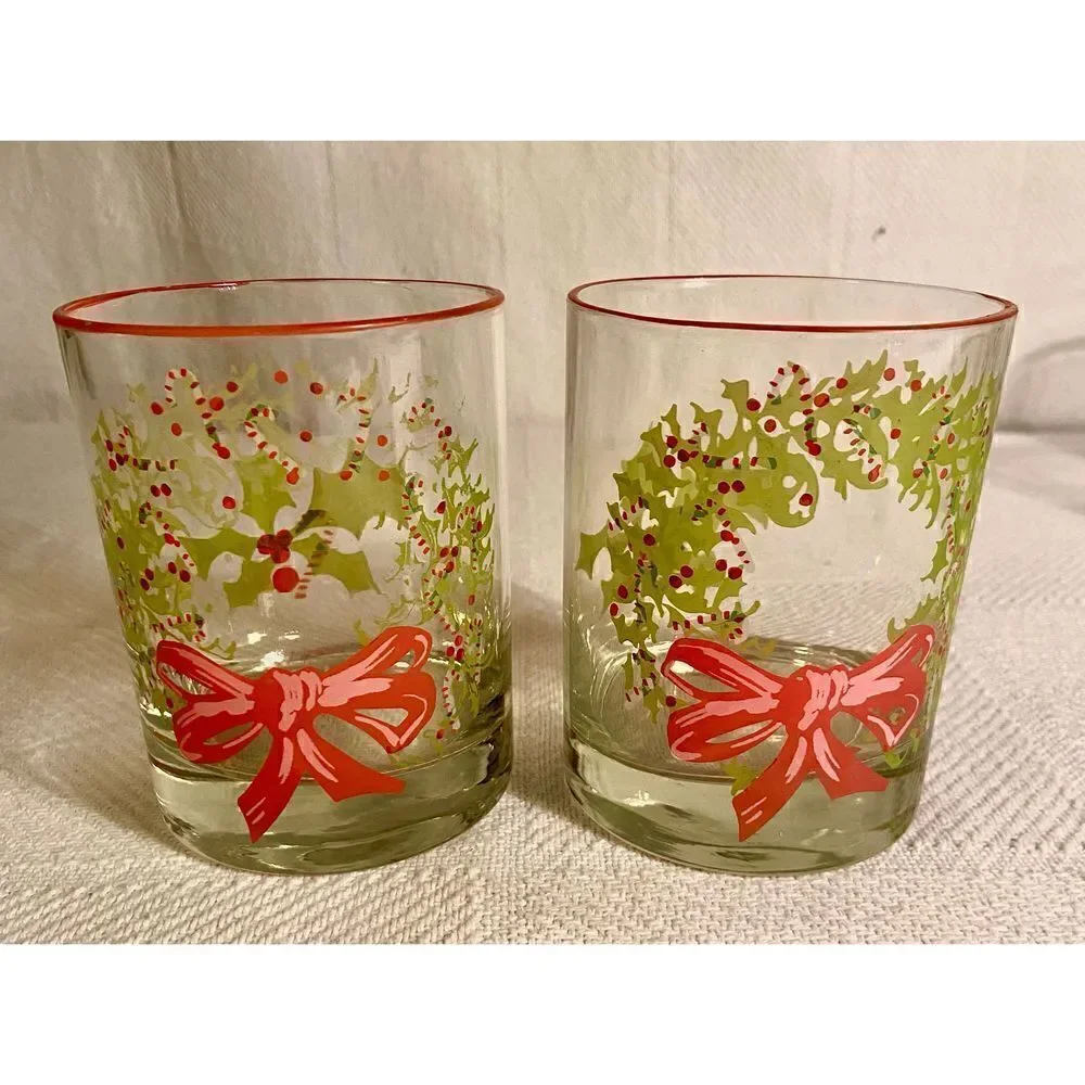 2 Vintage CHRISTMAS HOLLY Wreath Glasses - Cocktail Glassware~Used On TV Show